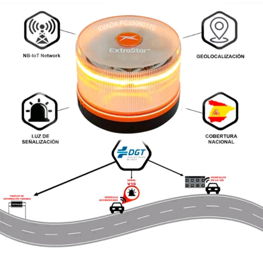Baliza Emergencia V16 con Geolocalizacion Homologada DGT 3.0 Luz de Emergencia EXTRASTAR homologada y autorizada por DGT, tarjeta SIM incluída, cobertura hasta 2038